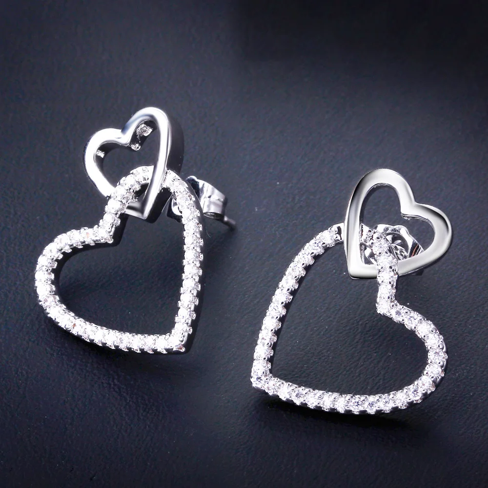 Dreamcarnival1989 Women Stud Earings Cute Hollow Linked Hearts Rhodium-Color Clear White Blinking CZ Paved Boucles d\'oreilles
