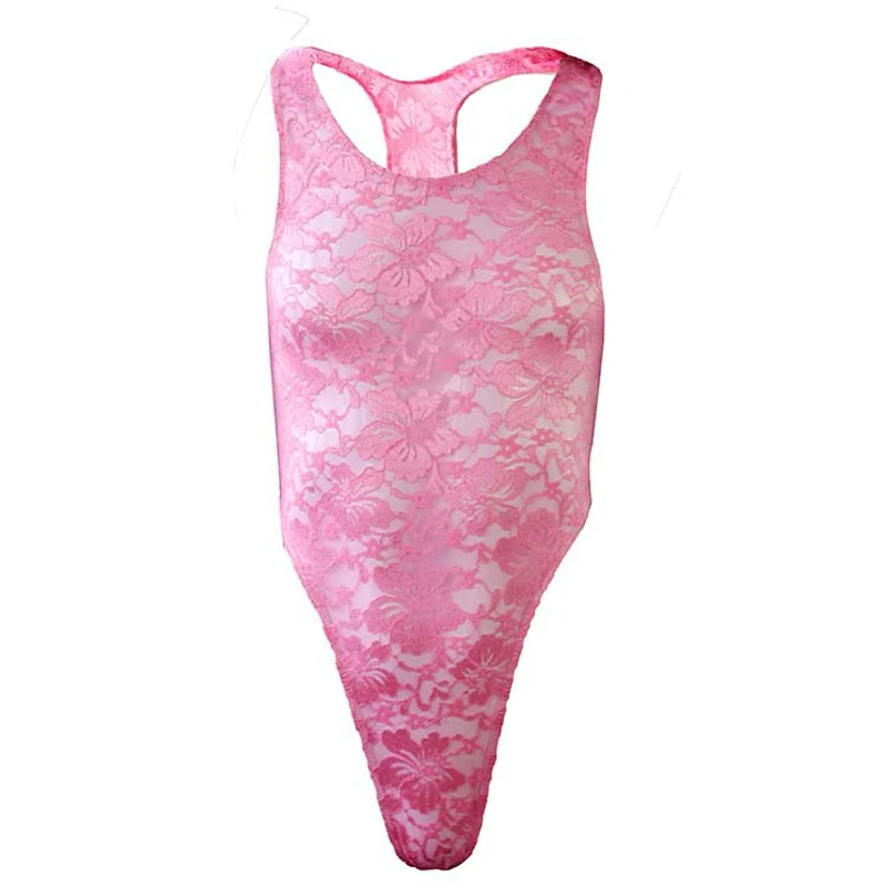 Sexy Men Lingerie One-piece Floral Lace Semi See-through Bodysuit Underwear Sleeveless High Cut Jumpsuit Costume bodysuit men