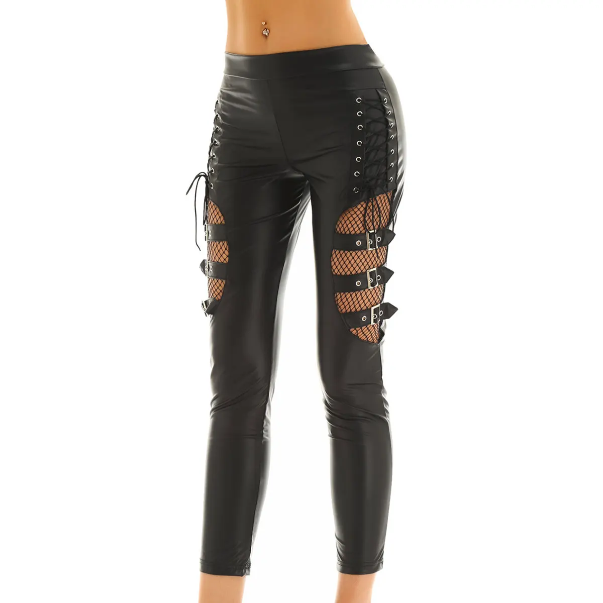 Pantaloni delle donne Effetto Bagnato Faux Leather Della Metà di Vita A Rete Splice Coscia con Fibbie Decorazione Side Lace Up Elastico Legging Pantaloni