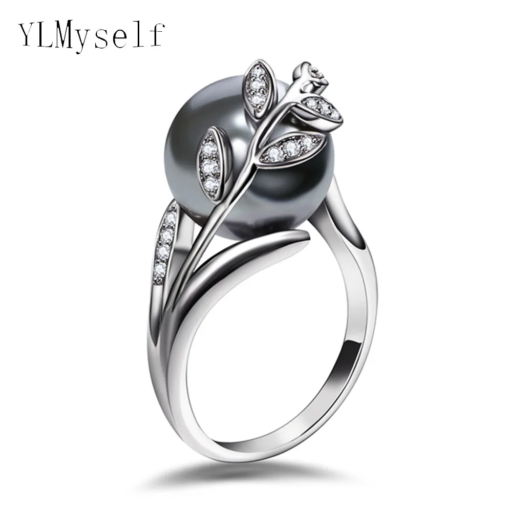 Trendy Hot Ring with Gray 12mm Simulated Pearl & Cubic zircon Women Jewelry Statement Leaf Finger Rings