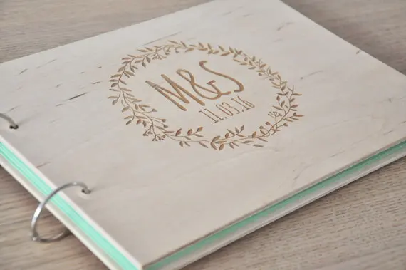 

personalized initials date Wreath Rustic wedding guest album engraved Wooden guestbooks Reception party favors invitations