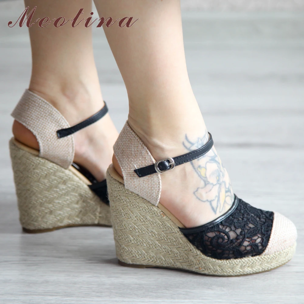 Meotina Espadrille Platform Wedges Sandals Women Summer Bohemia Lace High Heels Sexy Female Sandals Wedding Shoes Big Size 34-43