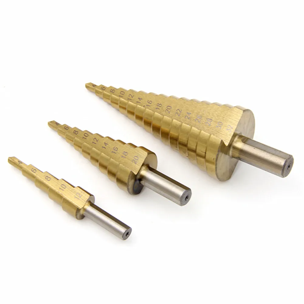 Wooden box packing 3PCS Pagoda Step Drill Bits 4-32mm 4-20mm 4-12mm Quality Perforator HSS Titanium Coated Straight Flute