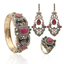 Special Offer Turkish Vintage Jewelry Sets 3 Pcs Women Bangle Bracelet Cuff Long Hook Dangle Earring Round Resin Antique Ring