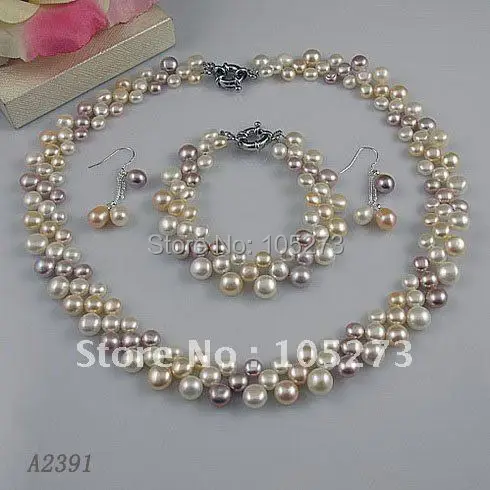 

Charming!jewelry set 3rows AA 6-8MM mixes color Genuine freshwater pearl necklace bracelet earring Hot sale free shipping A2391a