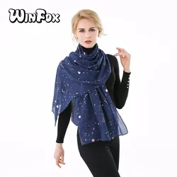 Winfox 2019 New Fashion Navy Star Moon Foil Gold Glitter Echarpe Foulard Scarf Hijab Shawl Women Ladies Spring Scarves