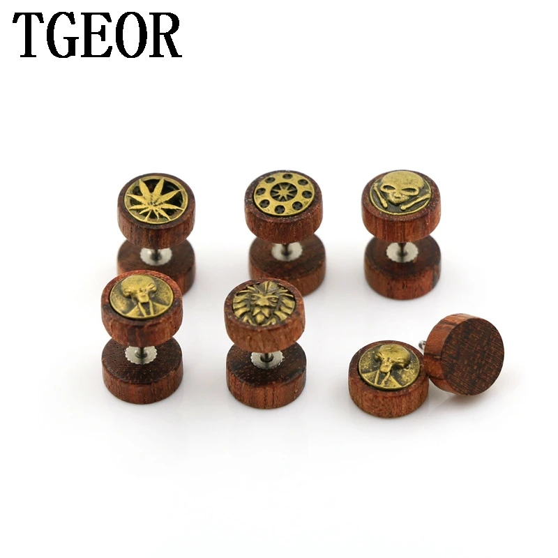 free shipping 30pcs illusion cheaters original natural surface inlay bronze pattern rosewood ear piercing fake plugs earring