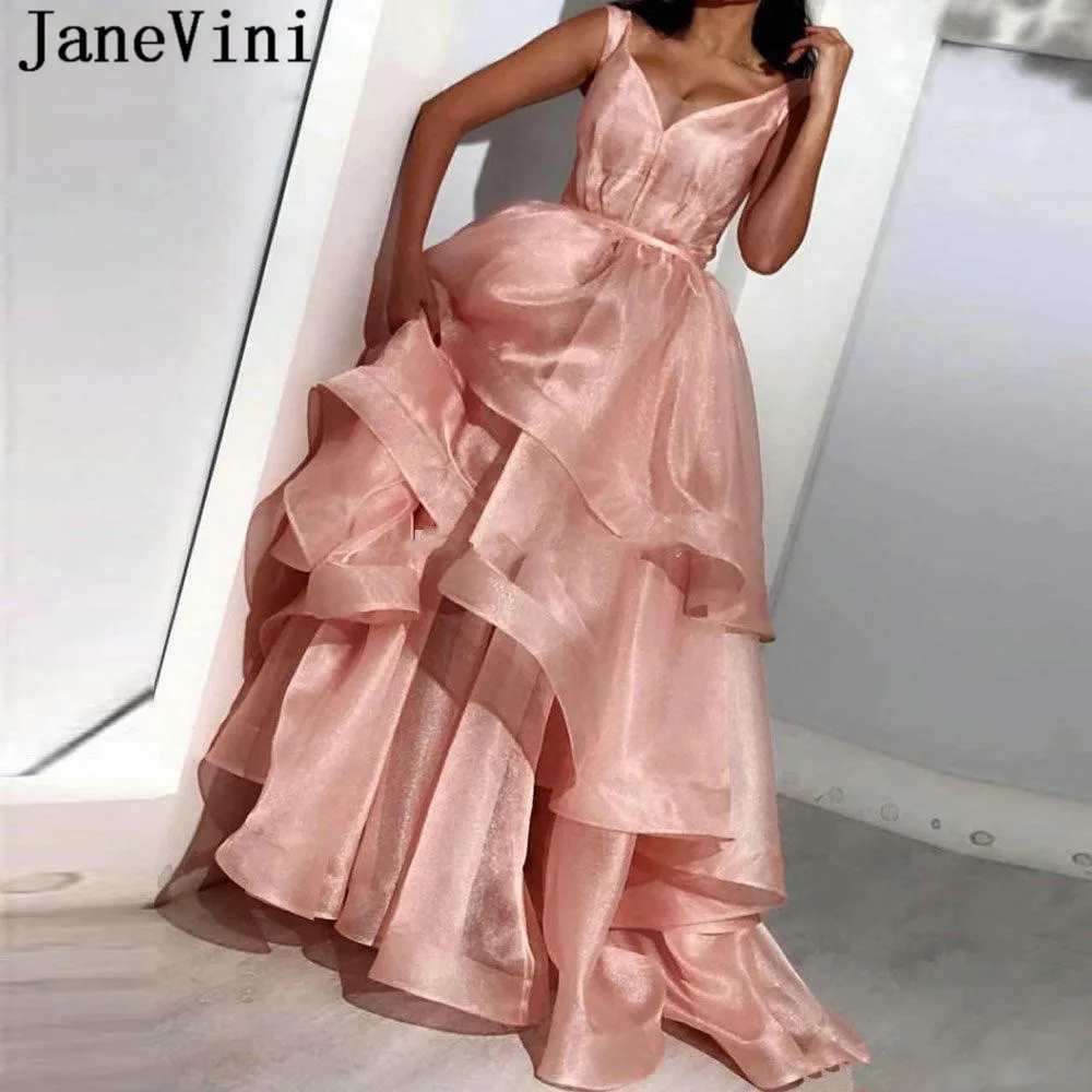 JaneVini Muslim Plus Size Prom Dresses Long Sweep Train A Line Organza Tiered Ruffles Dubai Evening Party Wear Robe De Bal Femme