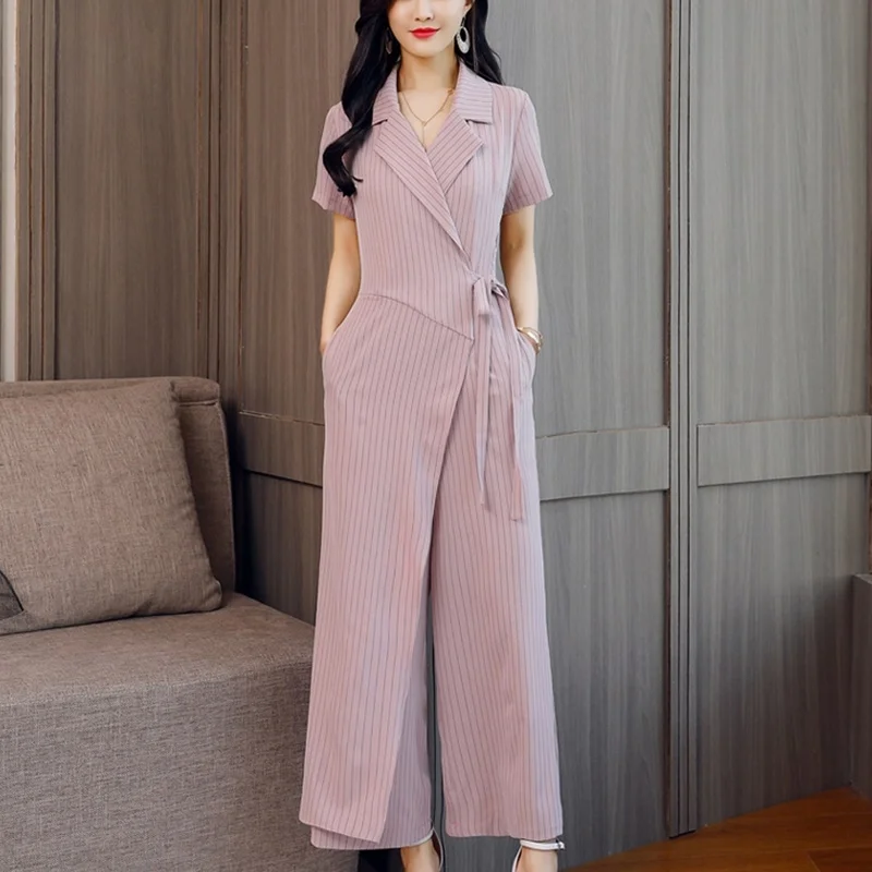 Mùa Hè Sọc Jumpsuit 2019 Nữ Tay Ngắn Quần Ống Rộng Lape Văn Phòng Kinh Doanh Nữ Thanh Lịch Liền Quần Cho Nữ 2019 DD2071