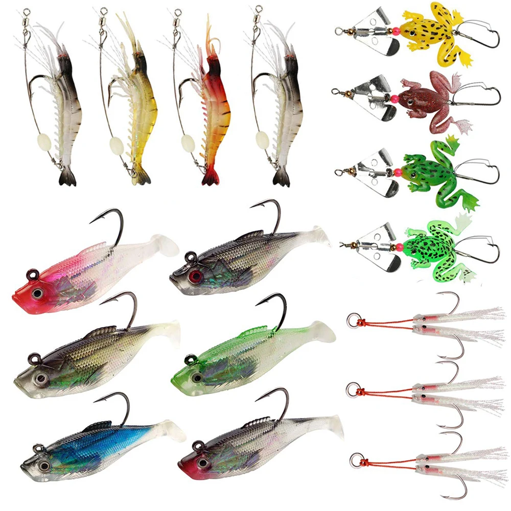 Easy Catch 17Pcs Fishing Lures Kit Include Assist Fishing Hooks Lead Fishing Lure With T Tail Shrimp Frog Lures