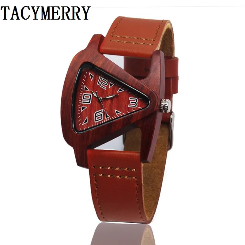 Unisex Charm Glass Bamboo Wooden WatchesFor  Women Fashion  Triangle Genuine   Leather Analog Quartz  Wrist Watch