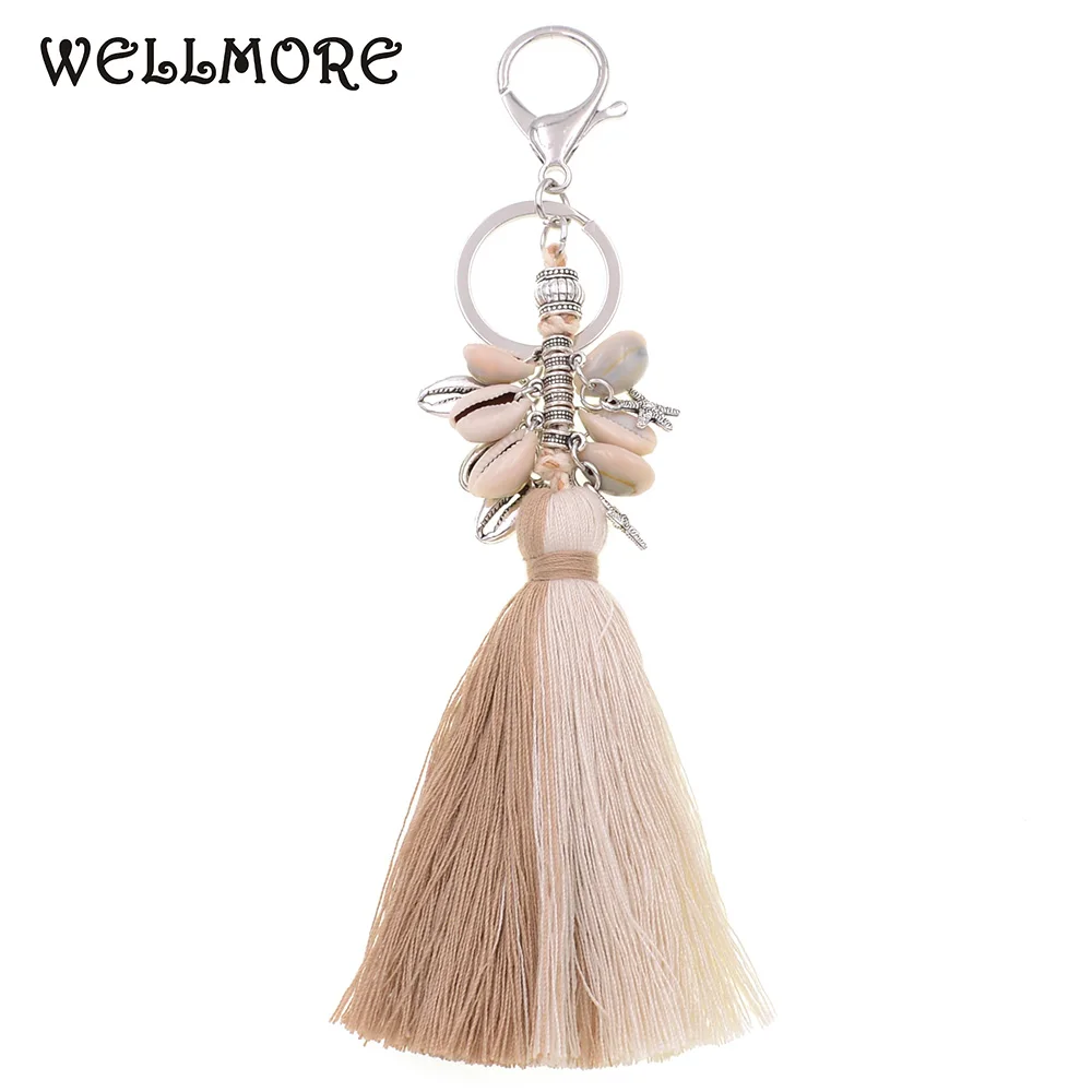 WELLMORE handmade bohemia shell with long tassel alloy Key Chain For Women Girl Bag Keychain