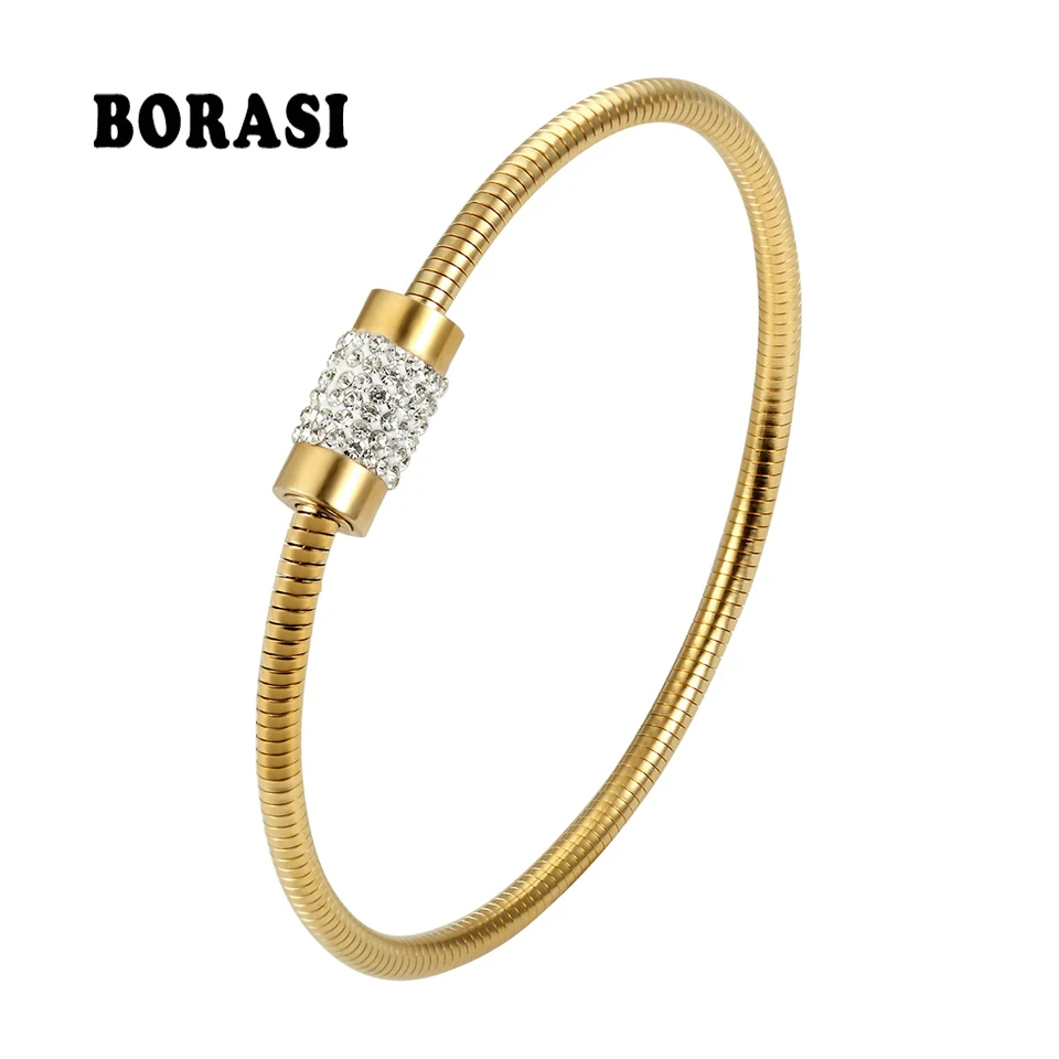 BORASI Jewelry Round Magnet Clasp Bracelets & Bangles Gold Color Stainless Steel Crystal Bracelet For Women Wedding Party Gift