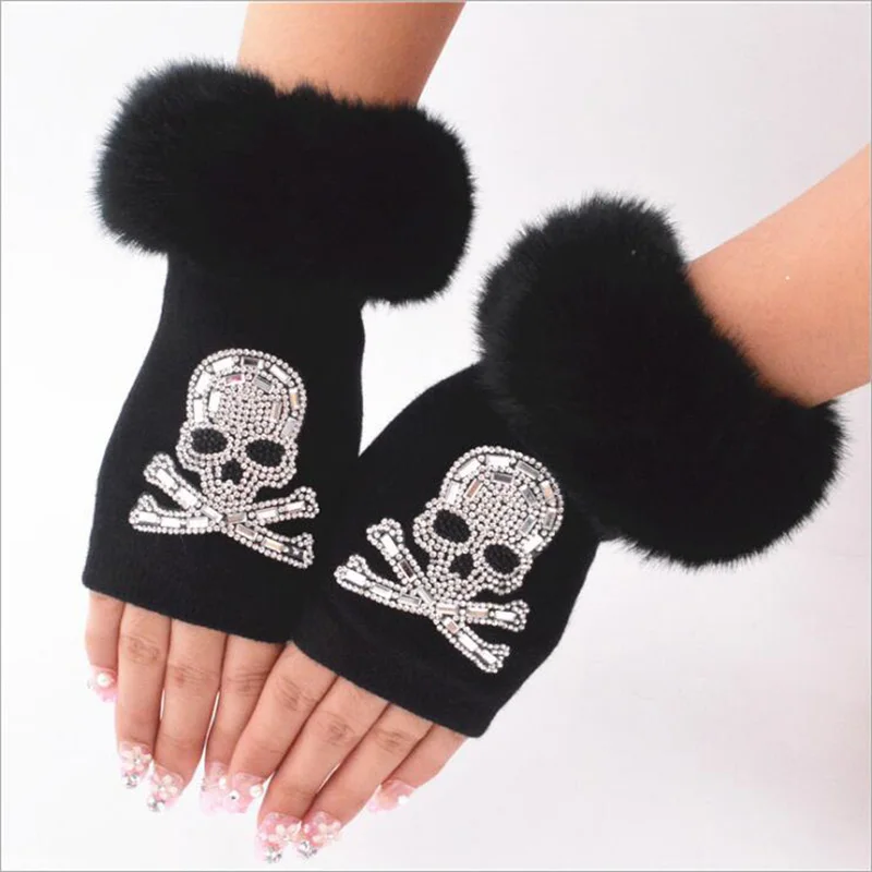 Female Cartoon Owl Half Finger Dance Glove Women Winter Warm Plush Cuff Diamonds Sequins Skull Fingerless Knit Typing Glove G102