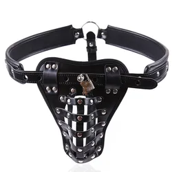 Mens Lingerie Sexy Underwear Fetish Crotchless Chastity Leather Panties Harness Briefs Hollow Out Jockstrap G-string With Lock