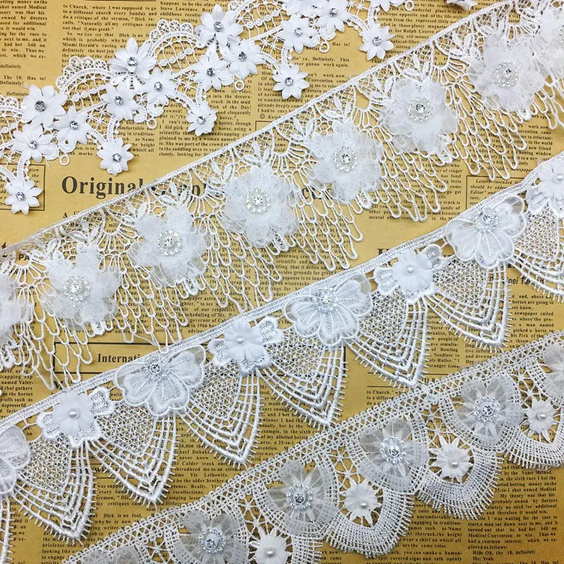 

1 Yard White Flowers Guipure Pearls Lace Trim Rhinestones Ribbon Beaded Sewing Craft For Ball Gown Wedding Dress DIY Decoration