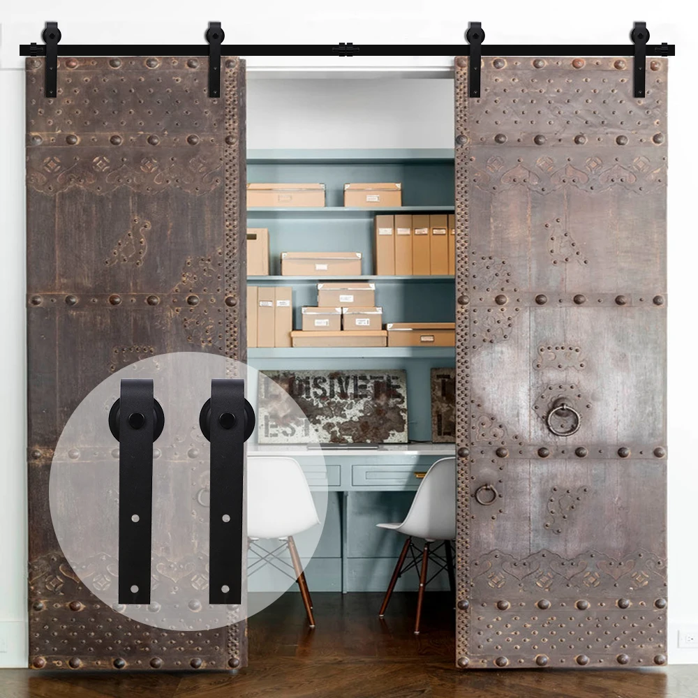 4-9.6FT Double Sliding Barn Door Hardware Kit J Shape Wood Door Hardware Single Track Sliding Door Track Kit Wheel Track System