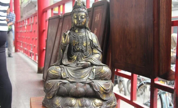 42CM 17 INCH Chinese Old Bronze Copper Kwan-yin Guanyin Boddhisattva Goddess Buddha Statue