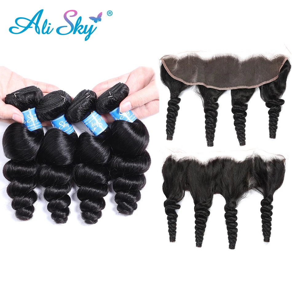 

Alisky Hair Brazilian Hair Weave Bundles With Frontal Closure 13*4 Inch Human Hair 3 Bundle Deals Loose Wave Remy hair Extension