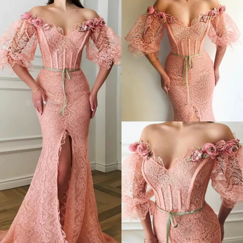 Robe de soirée de forme sirène, attrayante, Sexy, épaules nues, demi-manches, fente latérale, sur mesure, robe de fête d'invités