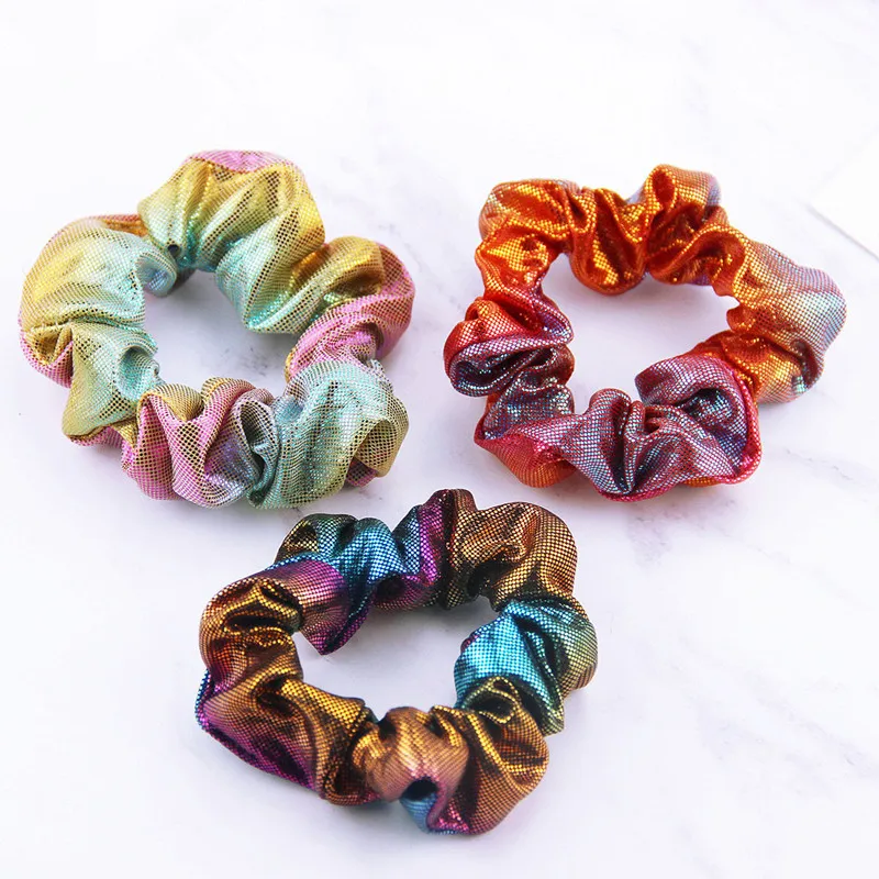 30pcs 2018 New Wholesale Women Shiny Fabric Gradient color Hair Scrunchies Girls Elastic Hair Tie Bands Personality Hair Holder