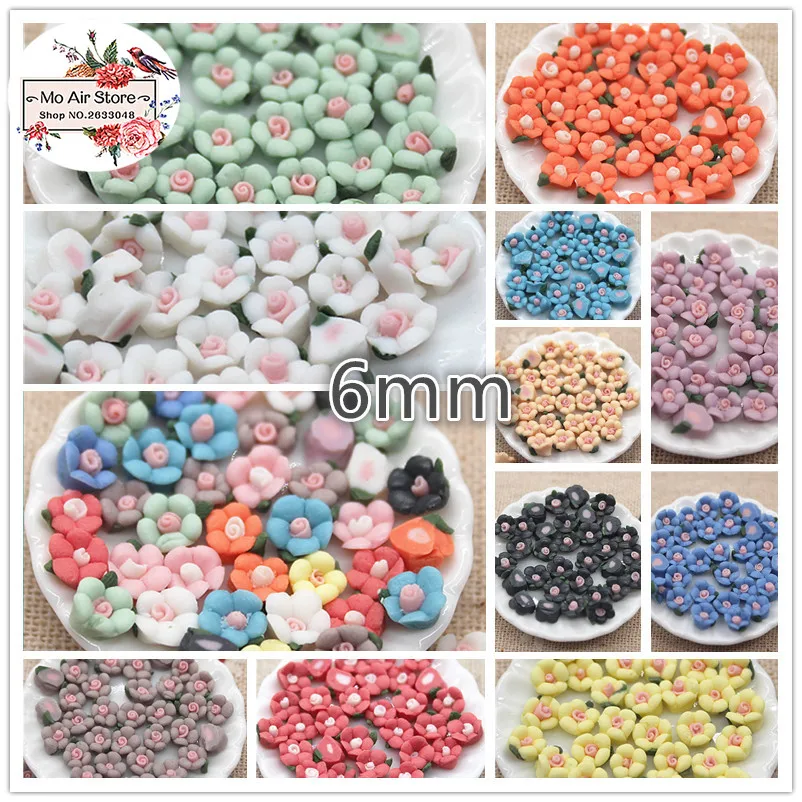 50 Buah 6Mm Warna Campuran Buatan Tangan Keramik Bunga Pipih Cabochon DIY Perhiasan Telepon Dekorasi Tidak Ada Lubang