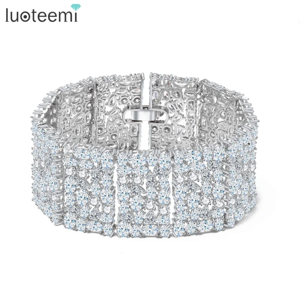 

LUOTEEMI Luxury Wide Full Shining Micro Cubic Zircon Cuff Bracelet for Women CZ Wedding Bride Crystal Bangle Friendship Gifts