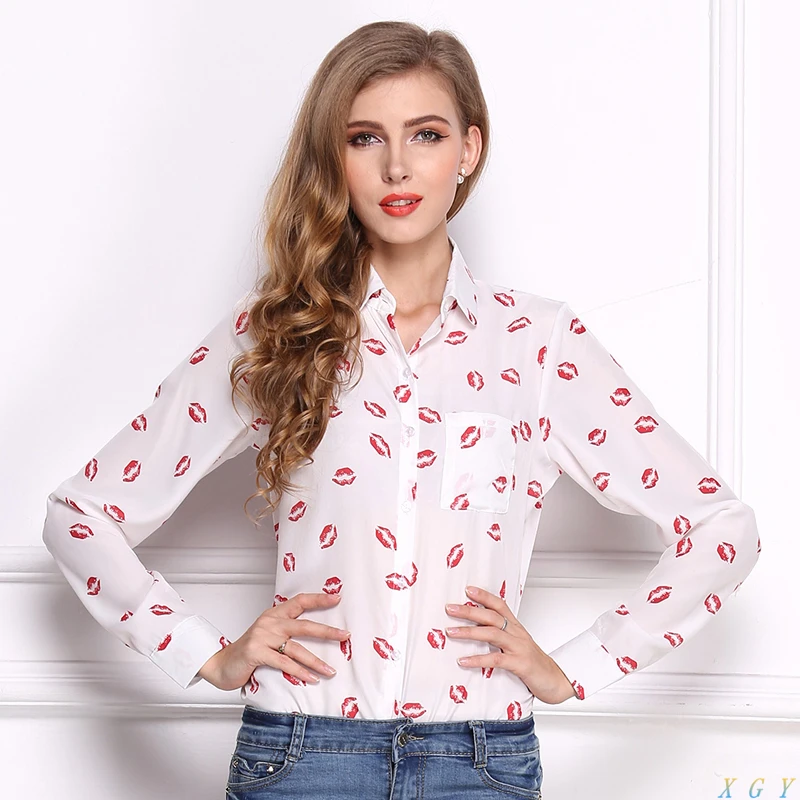 Hot Casual Slim Women Button Down OL Shirt Blouse Collared Chiffon Long Sleeve Kiss Lip Printed Blouse Women Fashion Clothing