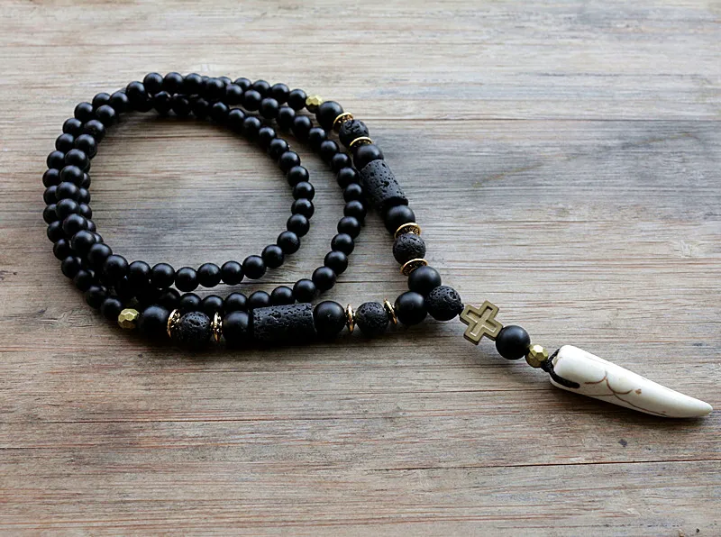 New Design Black BLava Stones Bead with Hematite cross charm pendant necklace Men\'s Bead Necklace