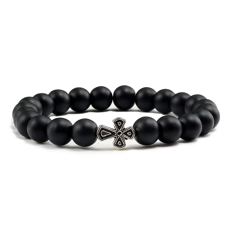 Moda jesus cruz pedra vulcânica homens estiramento pulseiras fosco preto lava 8mm contas energia yoga pulseiras & pulseiras jóias femininas