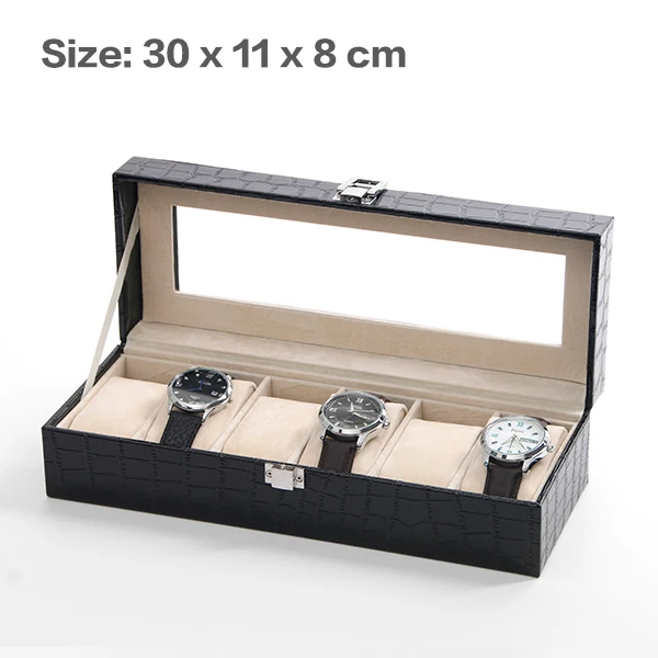 6 Grid Crocodile Pattern Watch Case Storage with Window Jewelry Display & Packaging Wrist Watch Display Box Holder for Man