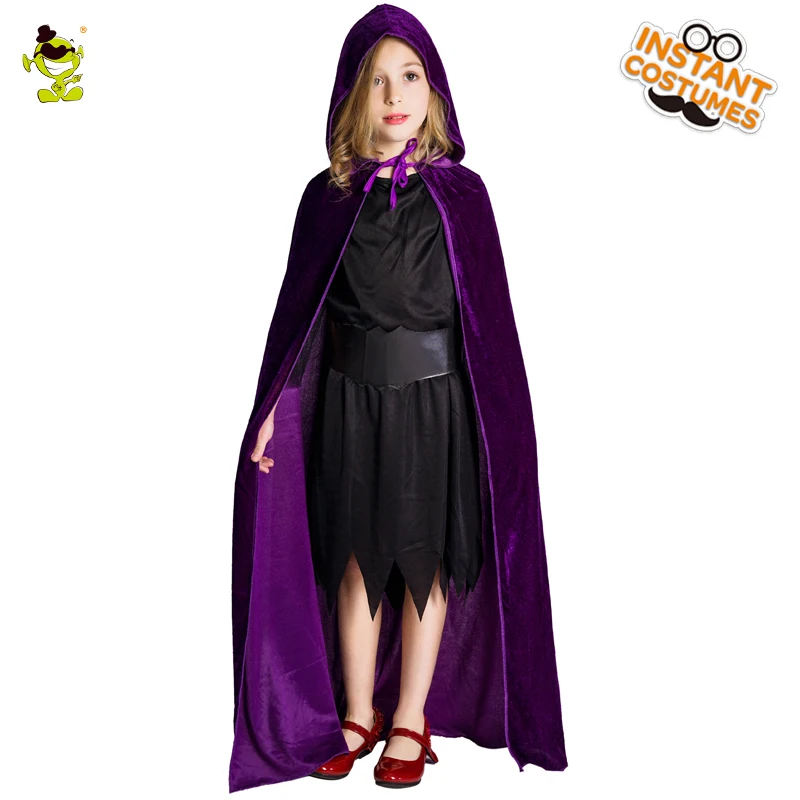 Kids Purple Hooded Cape Fancy Dress Long Velvet Cloak Wizard Cape Cosplay  Halloween Party for Girls Princess Cloak Costumes