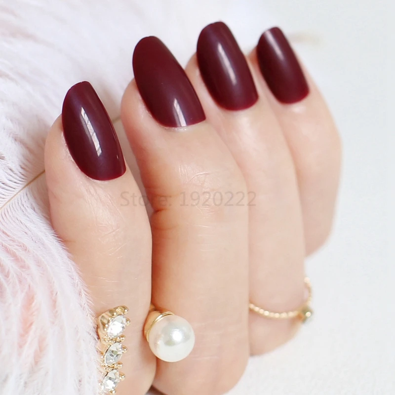 24pcs Hot new delicate oval press on nails candy cute fake nails color Deep Claret  P83X