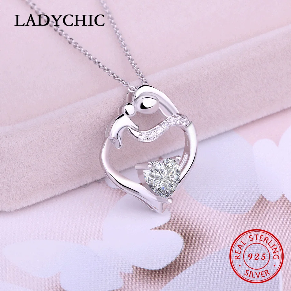 LADYCHIC 925 Sterling Silver Crystal CZ Pendant Fashion Love Heart Mom Baby Child Necklace Thanksgiving Day Jewelry Gift LNS1013