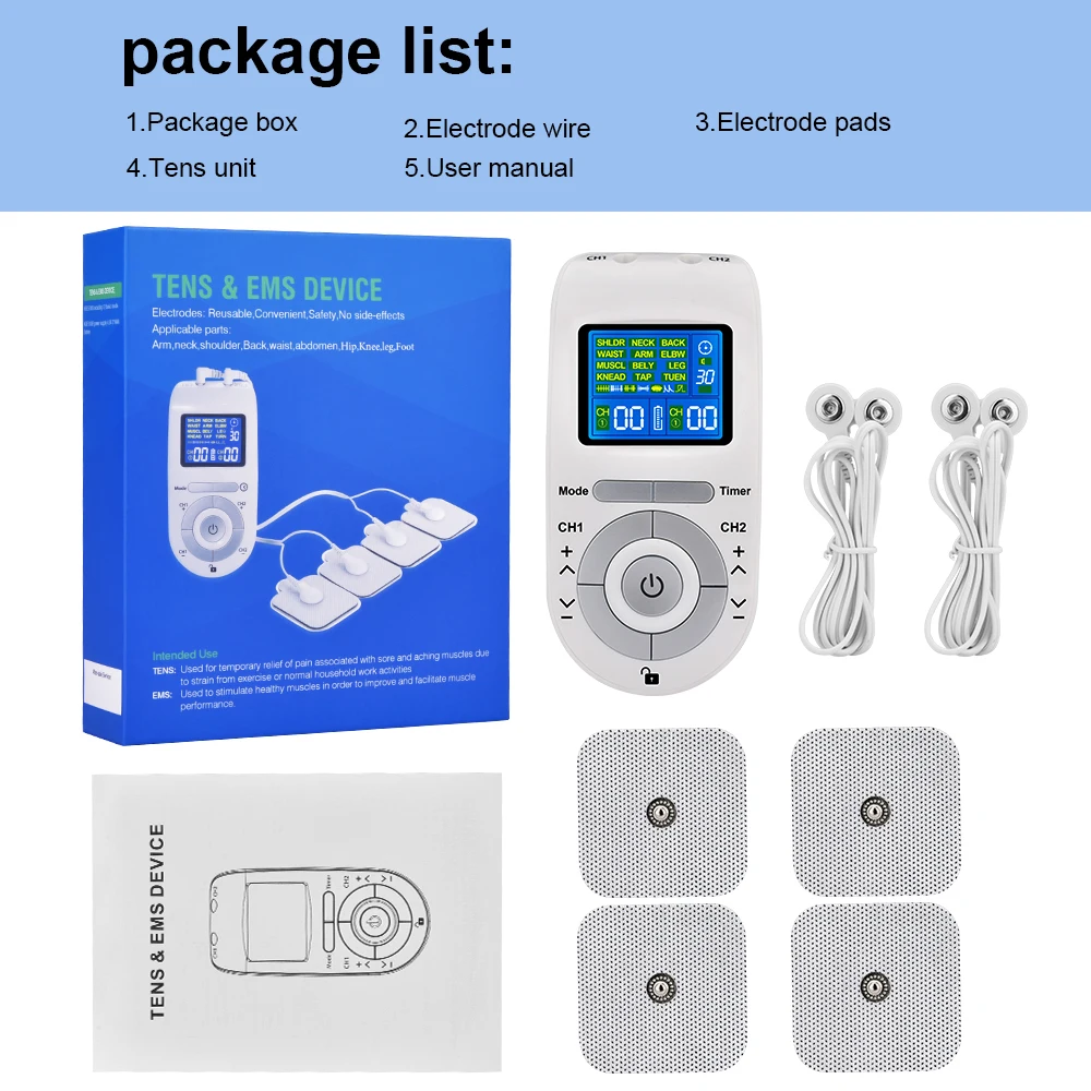 12 Modes Tens Unit Machine with 4 Electrode Pads for Pain Relief Pulse Massage EMS Muscle Stimulation Tens Electroestimulador