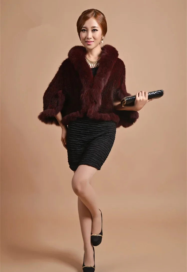 luxury genuine mink fur shawl spring autumn winter genuine mink fur knitted cape with fox trimmed.white red brown V161