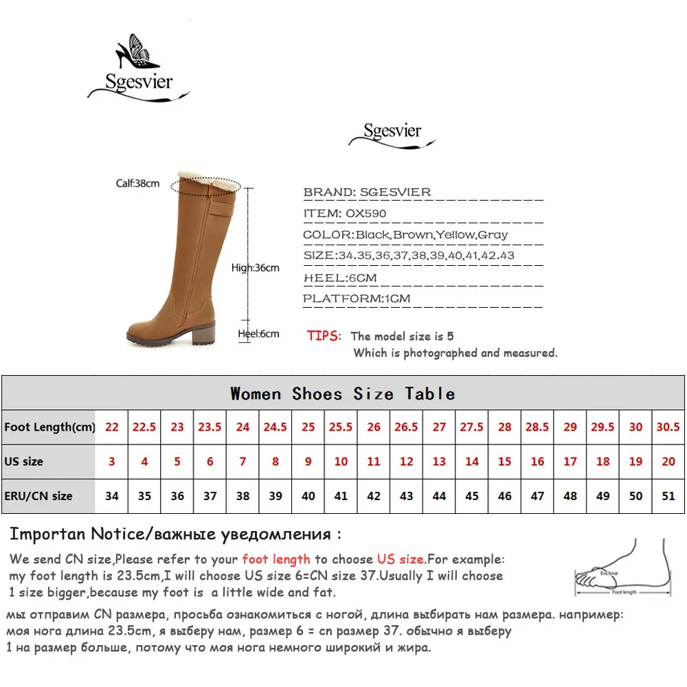 Sgesvier Women Boots Female Winter Shoes Woman Fur Warm Snow Boots Fashion Square High Heels knee high Boots Black Boots