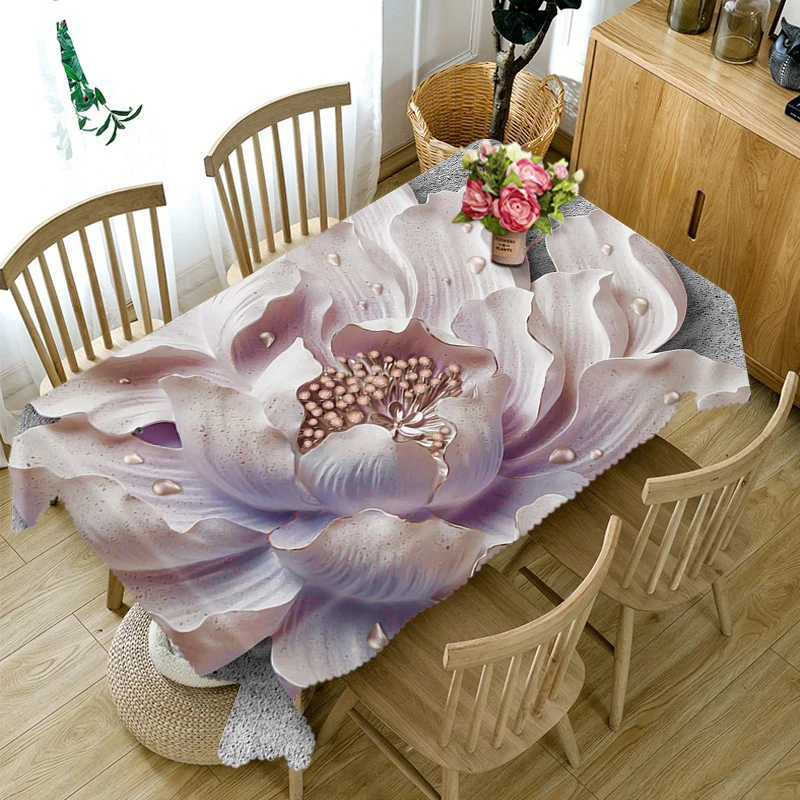 Customizable Tablecloth 3D Lotus Embossing Pattern Washable Cloth Thicken Rectangular and Round Table Cloth for Wedding