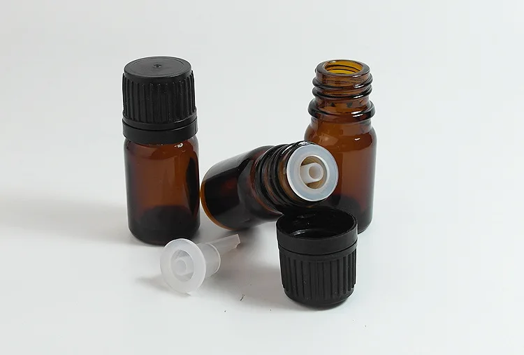 

100PCS 5ml thick Amber Glass Sample Bottle Vials w/ orifice reducer black cap for aromatherapy essential oils