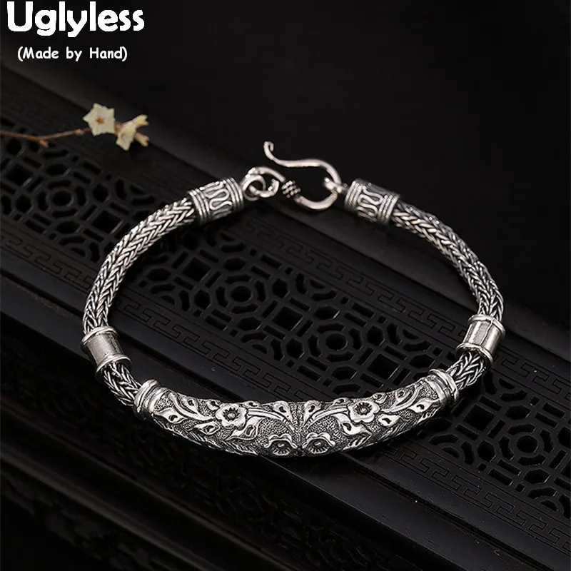 

Uglyless 100% Real 925 Sterling Silver Carved Ethnic Flowers Bracelets Women Thai Silver Vintage Bangles Fashion Exotic Jewelry