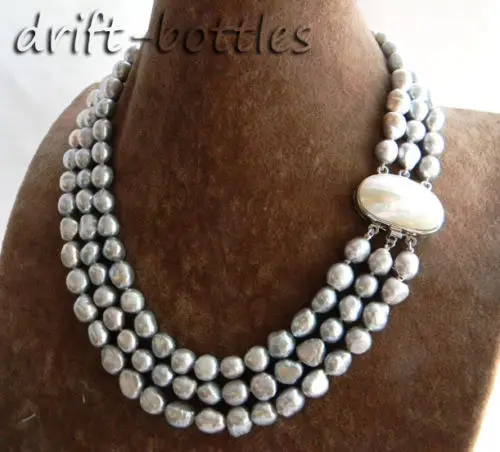 

natural 3Strands 18'' 8-9mm Gray Baroque Freshwater Pearl Necklace