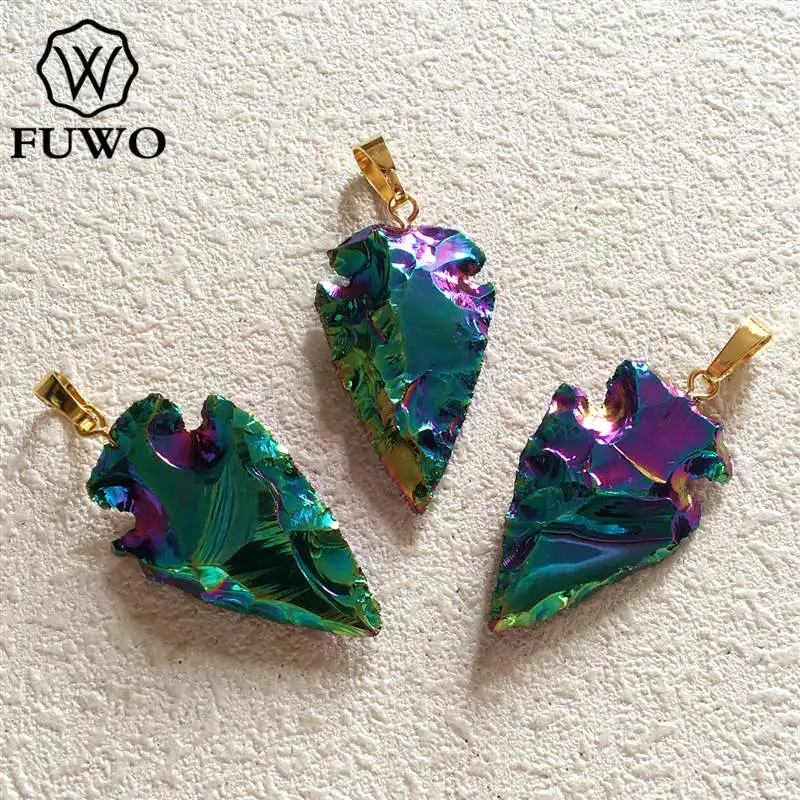 

FUWO Fashion Titanium Plated Obsidian Pendant,Gorgeous Rainbow Aura Crystal Arrowhead Jewelry For Necklace Making 5Pcs/Lot PD223