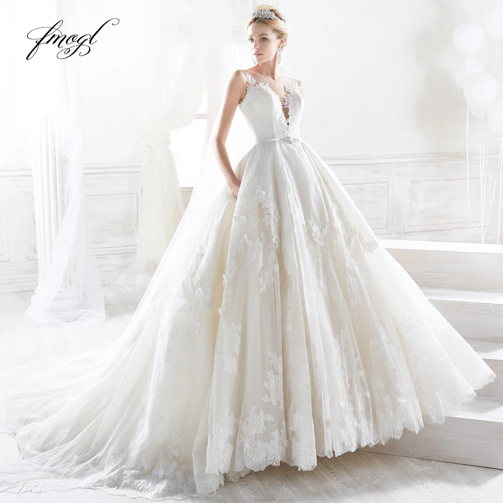 

Fmogl Vestido De Noiva Lace Princess Wedding Dress Illusion Appliques Beaded Sweep Train Vintage A Line Bride Gown