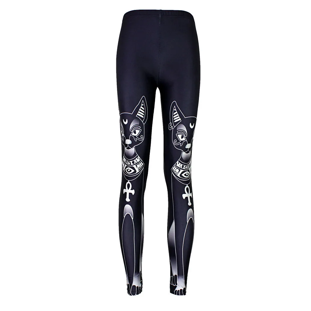 Cartooon-Leggings con estampado de gato para mujer, pantalones negros góticos de orejas largas, tobilleros de cintura media, para entrenamiento, de verano