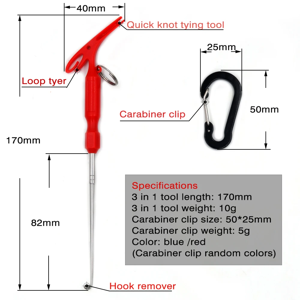 MNFT Fishing Universal Fly Nail Knot Tying Tools Hook Remover Quick Knot Tying Loop Knot Tyer Tool and Carabiner Clip