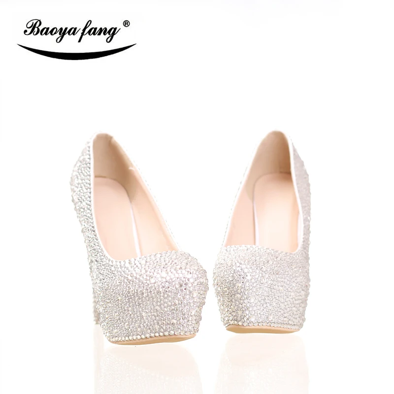 Bao Ya Fang Silvery crystal Rhinestone wedding shoes women Bridal High heels  Platform shoes woman party dress shoes female