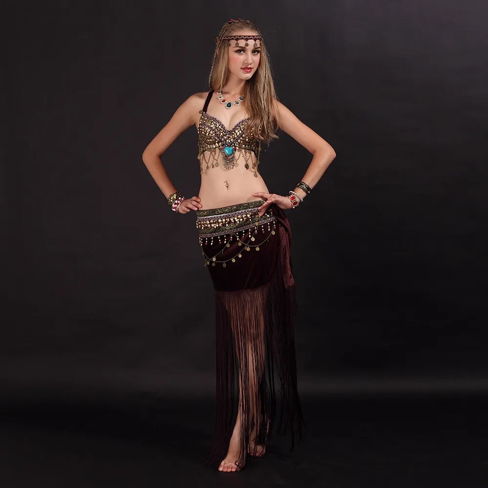 Size S-XL Belly Dancing Clothing Tribal 3pcs Coins Bra, Tassel Hip Scarf Long Tribal Pants Belly Dance Costume Set Performance