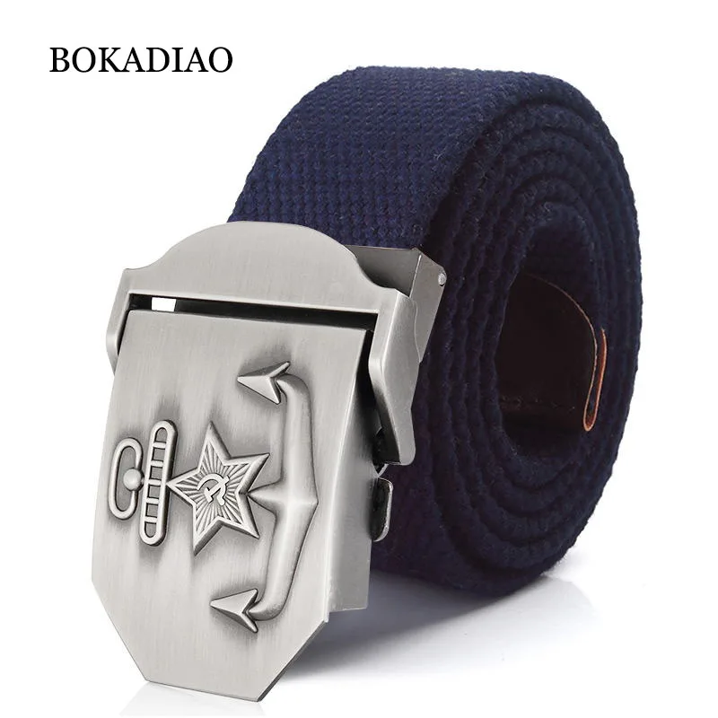 

BOKADIAO Men&Women Canvas belt Navy Of The USSR Luxury Metal Buckle Jeans Belt CCCP Army Tactical Belts for Male Military Strap