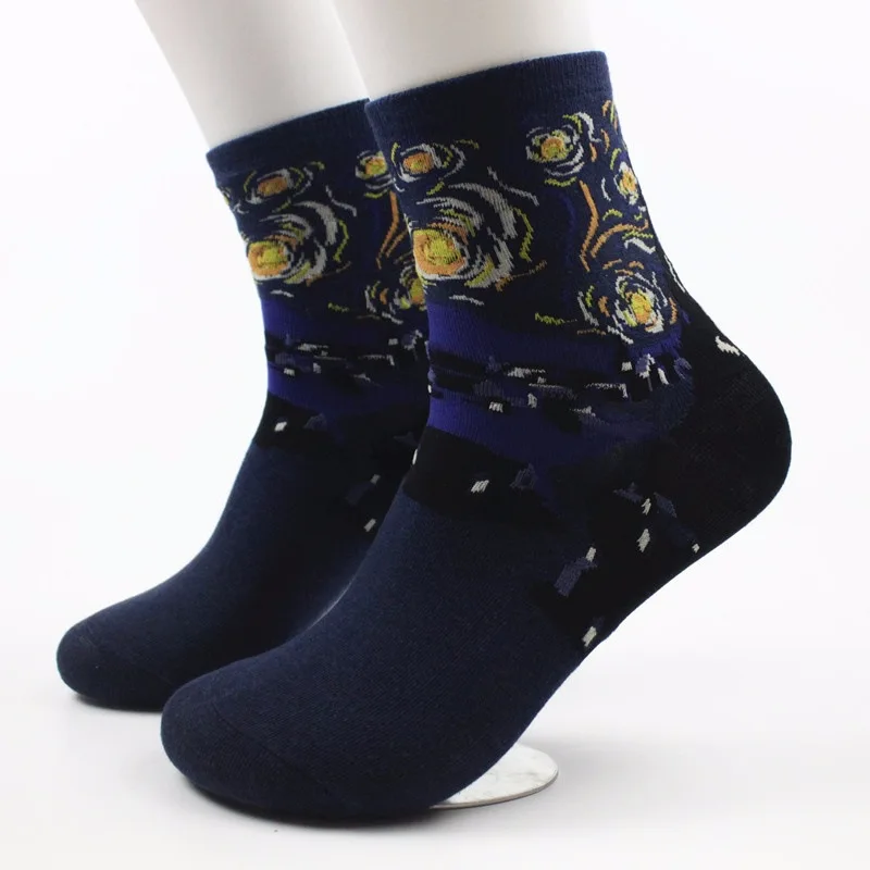 Unisex Abstract Oil Painting Socks Mona Lisa Retro Men Women Couple Funny Starry Night Cotton Unisex Sox Spring Autumn Hose