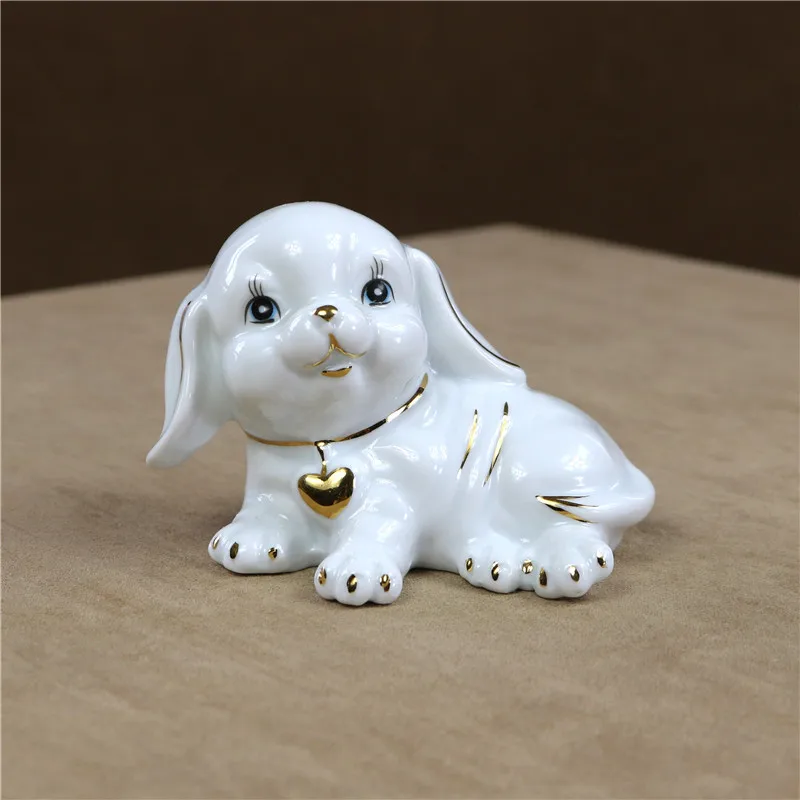 Porcelain Dog Statue Ceramic Puppy Doggie Miniature Animal Family Gift Craft Adornment Accessories for Desktop and Shelf Decor